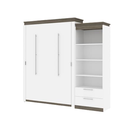 Orion Queen Murphy Bed And Shelving Unit With Drawers (95W), White & Walnut Grey
